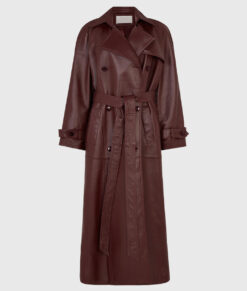 Selena Gomez Maroon Leather Trench Coat 08