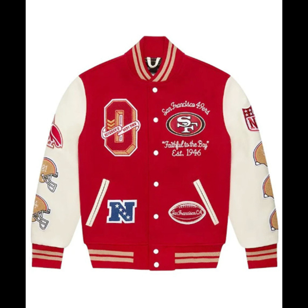 49ers Varsity Leather Sleeve Letterman Jacket 01