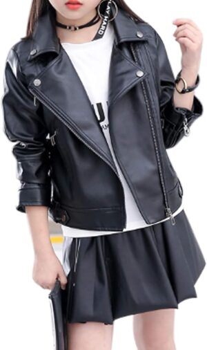 Girls Fashion PU Leather Motorcycle Jacket Children's Outerwear Slim Coat 2-12 Years